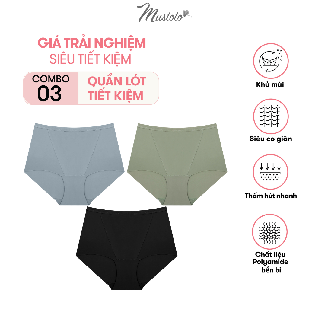 Combo 3 Quần Lót Nữ Trơn Lưng Cao Ôm Bụng Thoải Mái Anise Xanh Ngọc, Xám Tây, Đen (Mustoto MQ09)