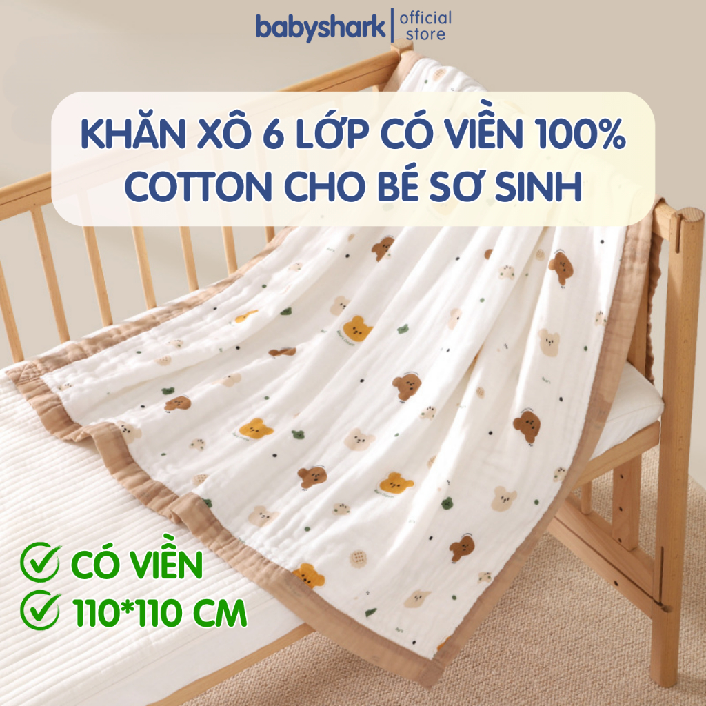 Khăn Tắm Cho Bé Sơ Sinh 6 lớp Có Viền Babyshark 100% cotton mềm mại