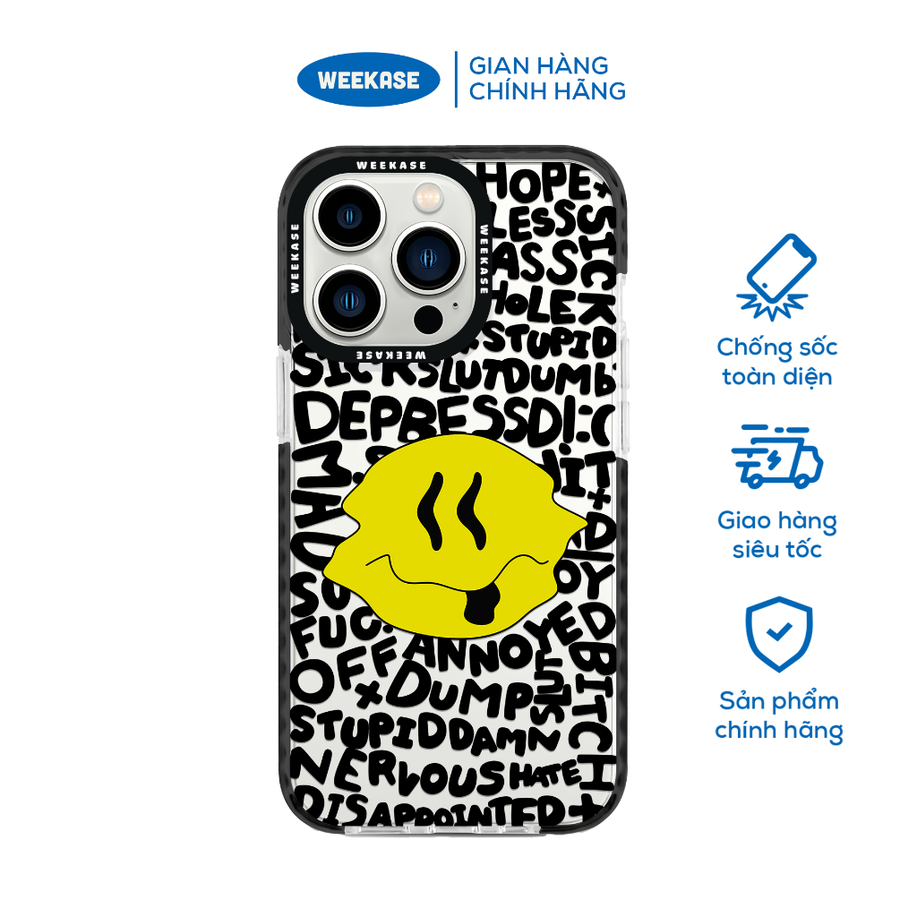 Ốp lưng iPhone viền trắng, đen chống sốc chống va đập Weekase in hình Mặt Cười Nhiều Chữ Đen - Màu in cực bền