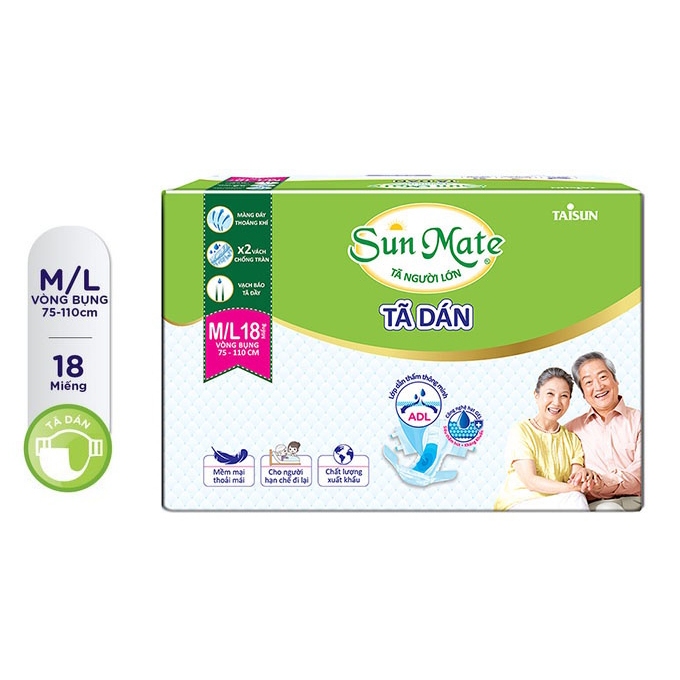 Tã dán người già Sunmate size M18/L18/XL18 tặng 2 miếng