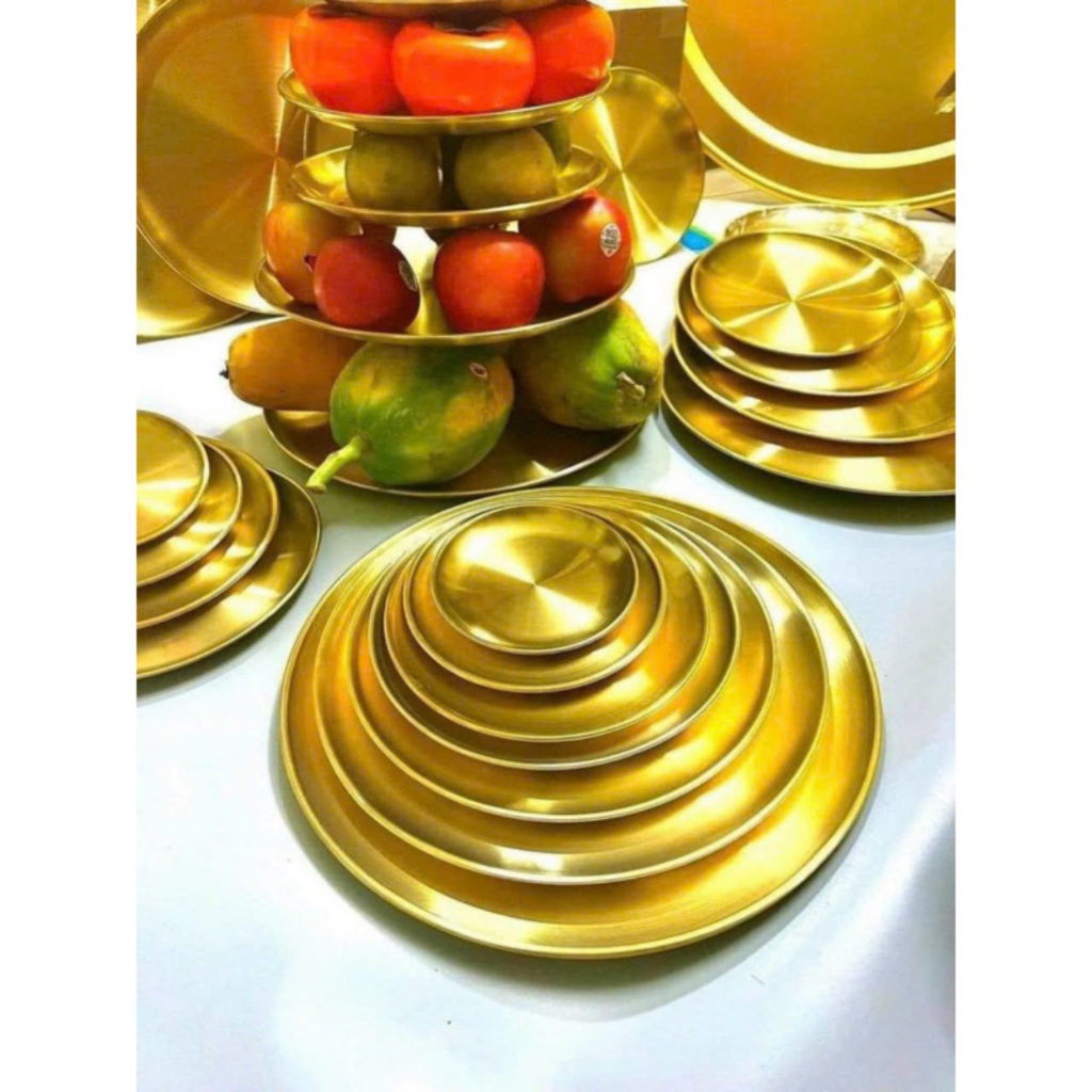 Set 5 Đĩa Inox Mạ Vàng Bày Hoa Quả, Decor. 5 Size khác nhau màu vàng sang trọng. Đường Kính 14cm 17cm 20cm 23cm 26cm