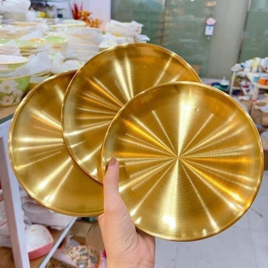 Set 5 Đĩa Inox Mạ Vàng Bày Hoa Quả, Decor. 5 Size khác nhau màu vàng sang trọng. Đường Kính 14cm 17cm 20cm 23cm 26cm