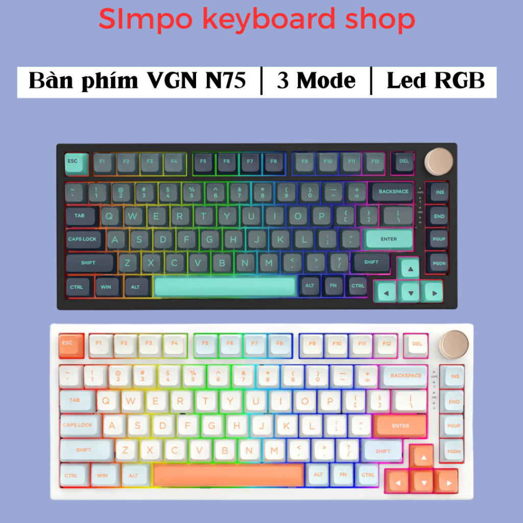 [Giao ngay] Bàn phím cơ VGN N75 Pro 03 chế độ kết nối, led RGB có núm vặn