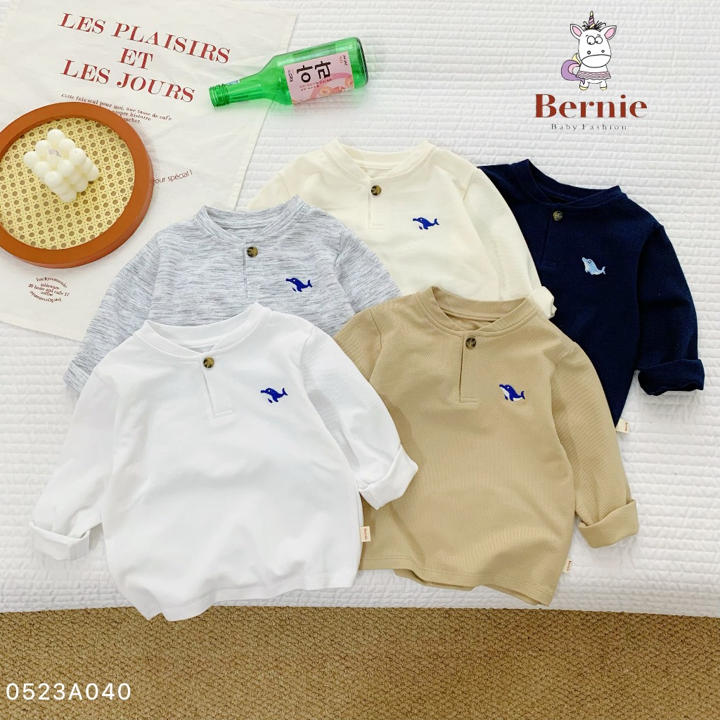Áo dài tay bé trai thêu cá heo cho bé từ 9-23kg Bernie - Áo thu đông bé trai bổ trụ cúc giữa - 0523A040