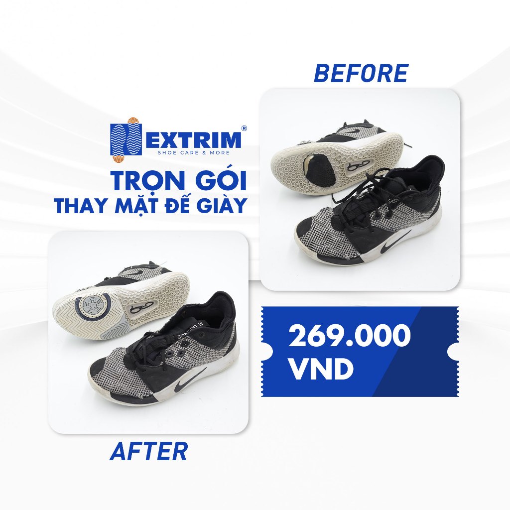 HCM [E-voucher] - Trọn Gói dịch vụ thay mặt đế Sneaker/ Thể thao/ Đá bóng/ giày Tây/ Cao gót tại EXTRIM Vệ Sinh Giày