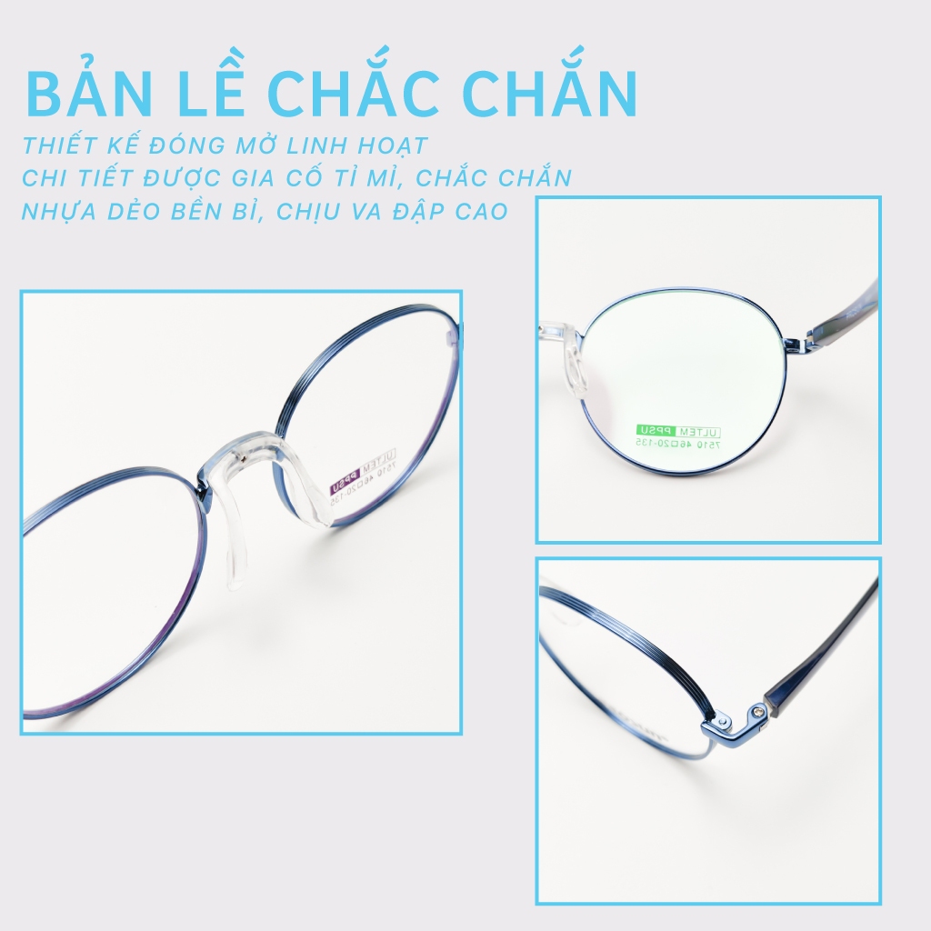 Kính trẻ em trai gái LB EYEWEAR 7510 gọng tròn kim loại phối nhựa dẻo PPSU an toàn chống gãy và va đập, không cấn mũi