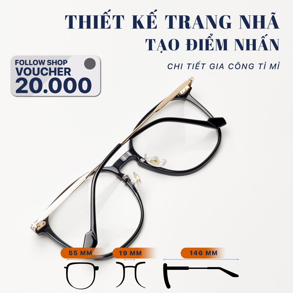 Kính gọng tròn nam nữ LB EYEWEAR 72067 mắt kính giả cận chất liệu nhựa kết hợp càng kim loại cao cấp thời trang