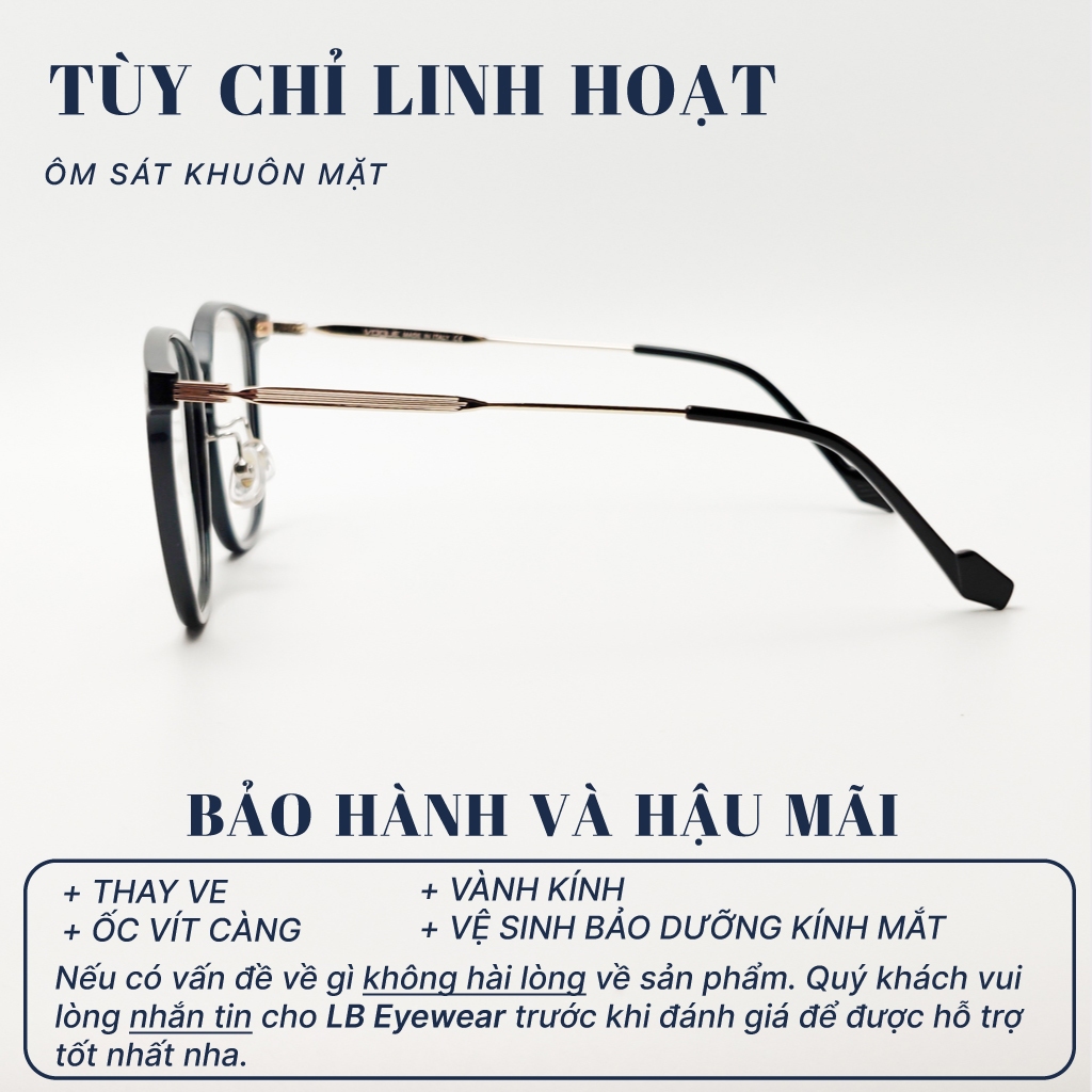 Kính gọng tròn nam nữ LB EYEWEAR 72067 mắt kính giả cận chất liệu nhựa kết hợp càng kim loại cao cấp thời trang