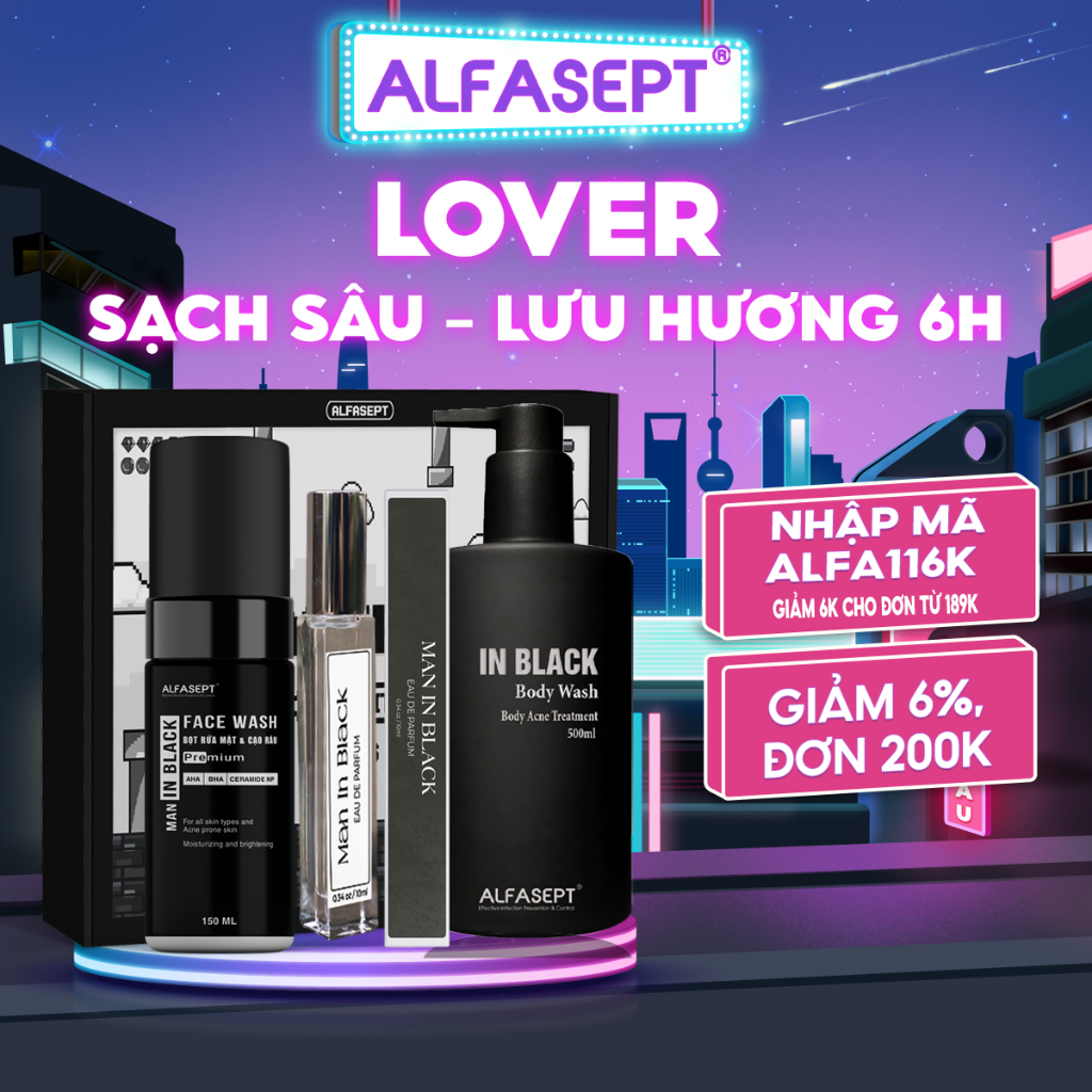 Bộ quà tặng nam giới "LOVER"  ALFASEPT- Sữa tắm gội hương nước hoa 300ml & sữa rửa mặt cạo râu 150ml & Nước hoa nam