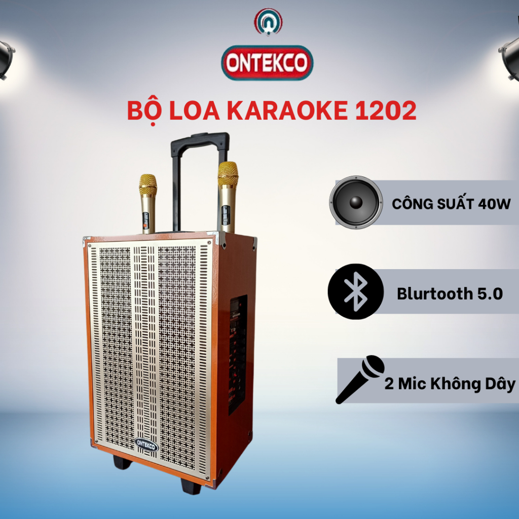 Loa kéo gỗ di động ONTEKCO 1202 kèm 2 micro GOLD không dây chống hú cao cấp, công suất 400W hát karaoke chuyên nghiệp