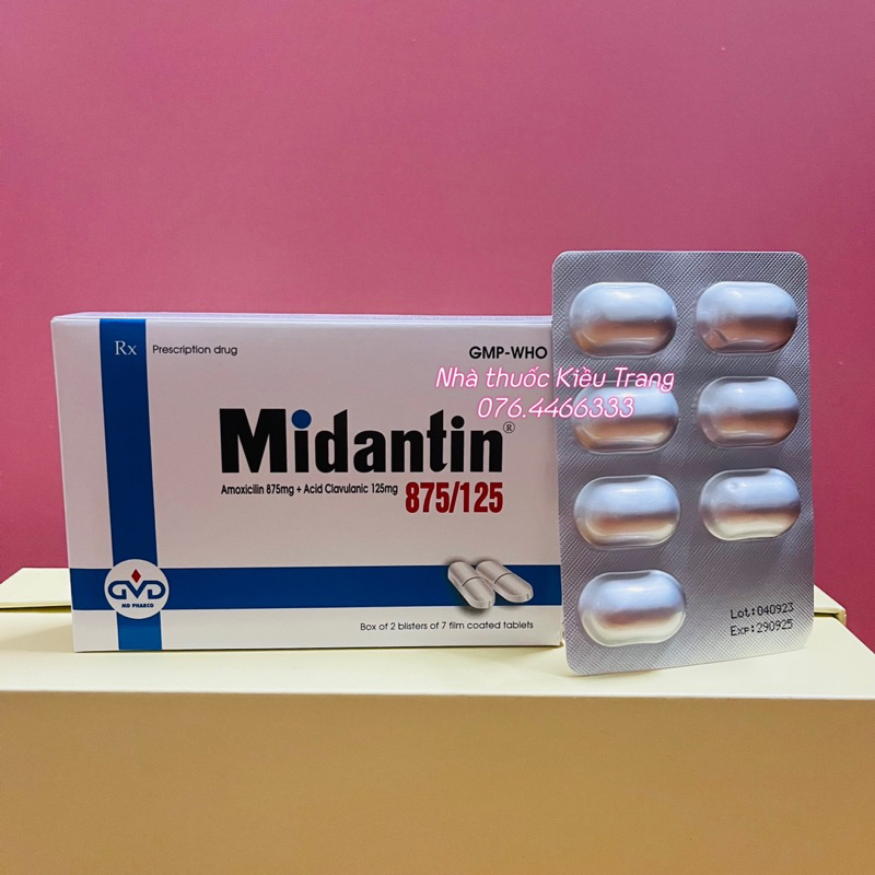 Amoxicillin 875 + Acid clavulanic 125 - Midantin 875/125 - Hộp 14 viên