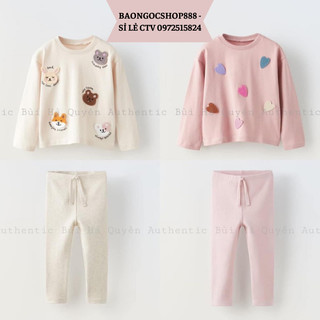 Sét 2 bộ dài tay bé gái, bộ thu đông in hình trái tim và hình thú, chất cotton