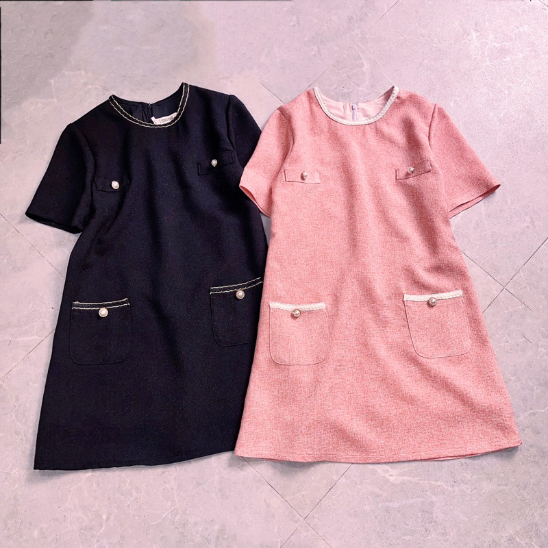Đầm Dạ Tweeds Nữ Hàng Quảng Châu 2 Lớp Cổ Tròn Dây Viền Siêu Xinh Mã V100, Váy Dạ Tiểu Thư Dáng Suông A Lekemqc