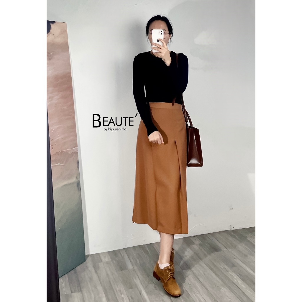 Chân váy Hana thiết kế xẻ tà phong cách Beaute’ by Nguyên Hà - màu nâu bò