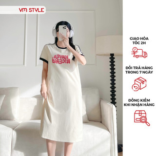 Đầm thun dài nữ VMSTYLE tay ngắn suông in chữ viền màu form rộng basic đi học,đi chơi 37231 VDT00036