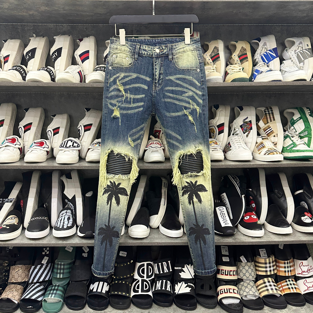 Quần Cây Dừa Amiri Gối Vá Da 4 Cúc Quần Jean Nam Amiri Slimfit Wash Xanh Vàng in hình cây dừa phối rách tua gối MS 21
