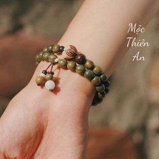 Vòng Tay Quấn 2 Vòng Gỗ Đàn Hương Xanh Charm Hạt Bồ Đề Sen Trắng Mộc Thiên An