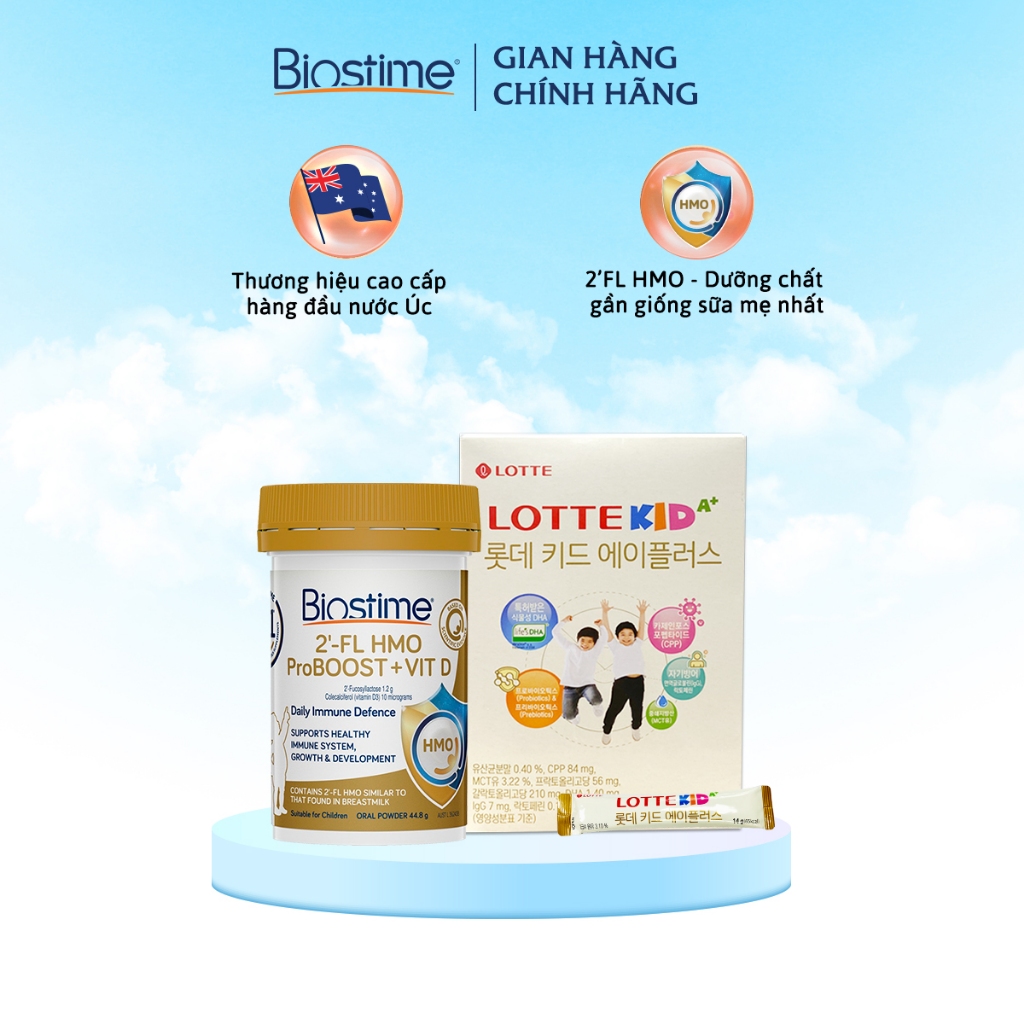 Combo Sữa Bò Lotte Kid A+ Hàn Quốc hộp giấy tiện lợi & tinh chất Hmo Biostime 2’FL Hmo hộp 140g & 44,8g