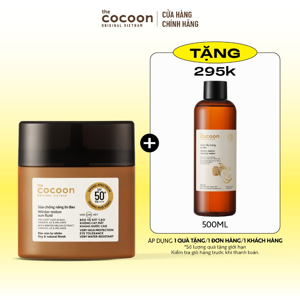 [COCOON x TRẦN LÂM] Sữa chống nắng bí đao quang phổ rộng Cocoon 50ml TẶNG Nước tẩy trang bí đao 500ml