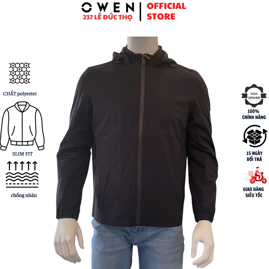 Áo khoác nam cao cấp Owen JK221298 Jeacket gió 2 lớp màu xanh navy trơn dáng regular fit có mũ tay chun gấu suông vải