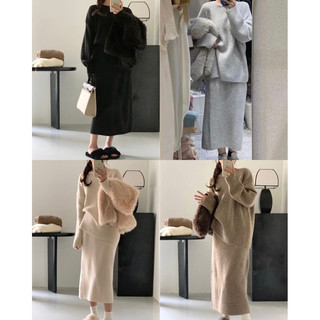 PETBYCHANG - Set len Hàn gồm áo len cổ tròn và chân váy len bút chì dáng dài