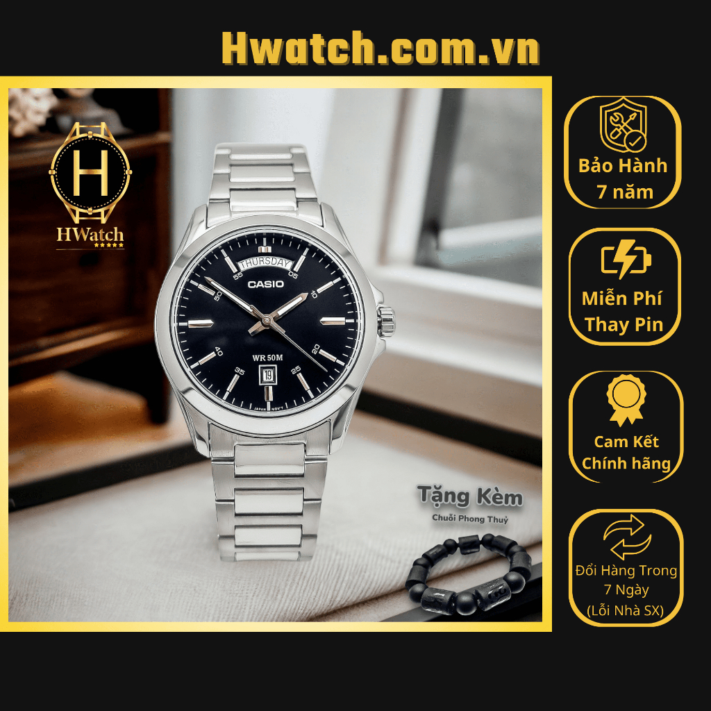 [Chính hãng 2] [Có sẵn] Đồng Hồ Nam Casio Pin MTP-1381D-1AVDF Dây Thép Bạc Mặt Đen