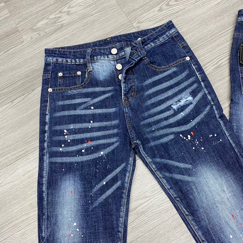 Quần jean dsq2 thêu túi da đen phối khoá zip,quần dsq2 xanh chấm sơn phối khoá zip túi da