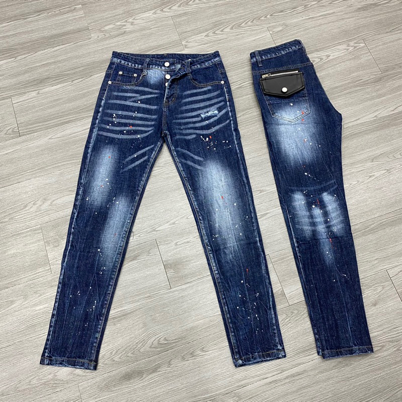 Quần jean dsq2 thêu túi da đen phối khoá zip,quần dsq2 xanh chấm sơn phối khoá zip túi da