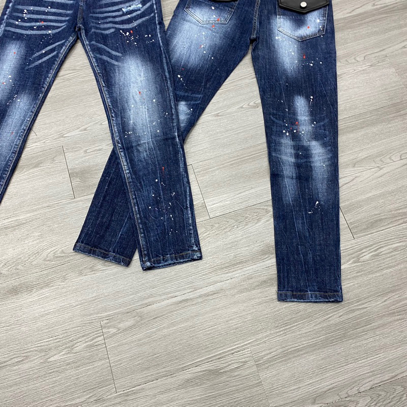 Quần jean dsq2 thêu túi da đen phối khoá zip,quần dsq2 xanh chấm sơn phối khoá zip túi da