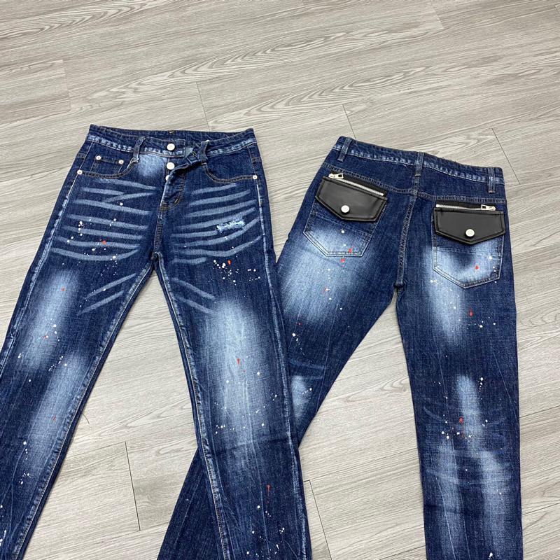 Quần jean dsq2 thêu túi da đen phối khoá zip,quần dsq2 xanh chấm sơn phối khoá zip túi da