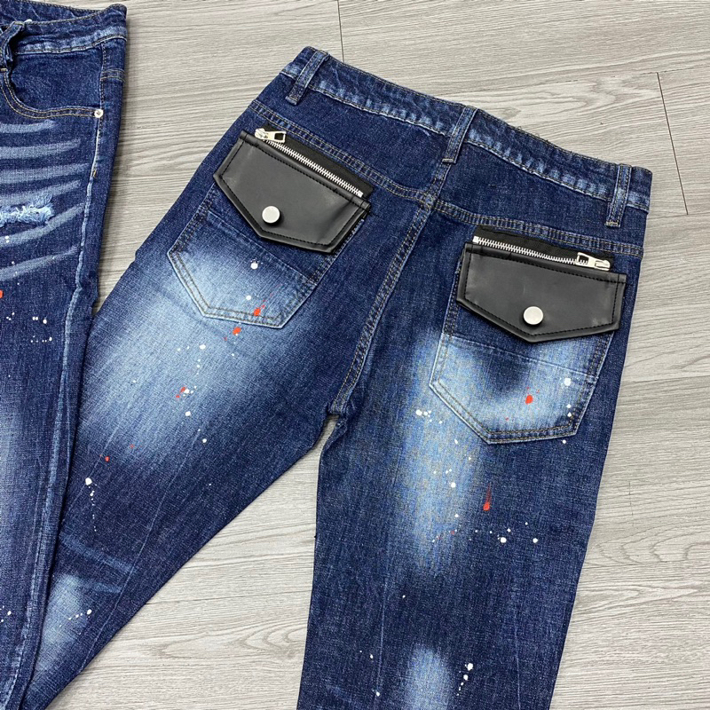 Quần jean dsq2 thêu túi da đen phối khoá zip,quần dsq2 xanh chấm sơn phối khoá zip túi da