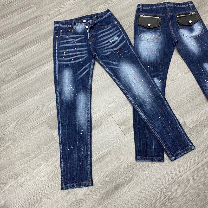 Quần jean dsq2 thêu túi da đen phối khoá zip,quần dsq2 xanh chấm sơn phối khoá zip túi da