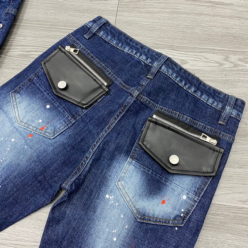 Quần jean dsq2 thêu túi da đen phối khoá zip,quần dsq2 xanh chấm sơn phối khoá zip túi da