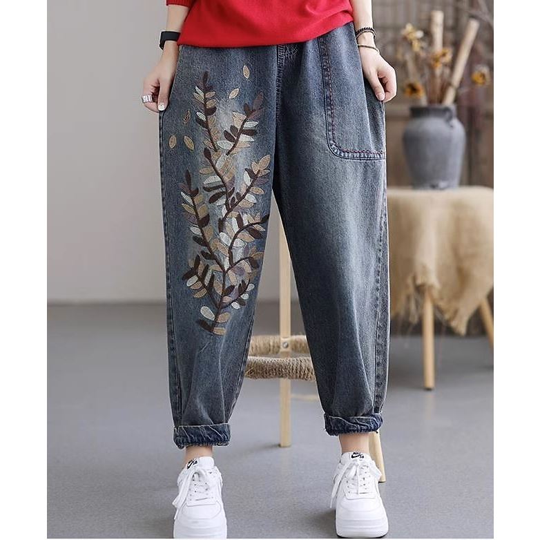 Quần jean nữ thêu hình lá màu xanh đủ size 40-90kg mã MDM02