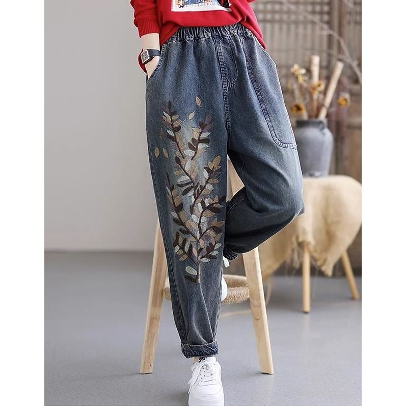 Quần jean nữ thêu hình lá màu xanh đủ size 40-90kg mã MDM02