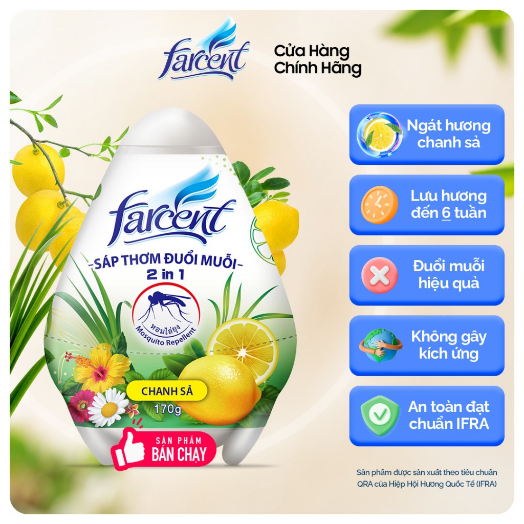 Sáp thơm phòng đuổi muỗi, khử mùi hôi hình trứng Farcent 170g chính hãng - Hương chanh sả chống muỗi