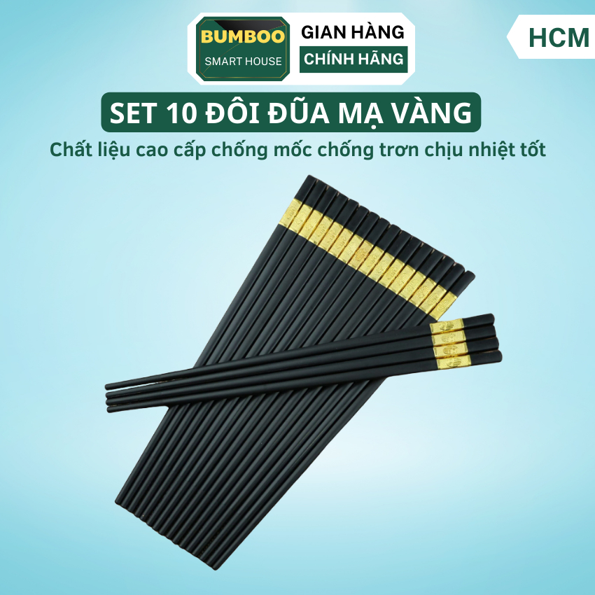 Đũa Ăn Cơm, Bộ 10 Đôi Đũa Mạ Vàng, Khảm Vàng Hàn Quốc Màu Đen Chống Mốc, Chống Trơn Trượt Chịu Nhiệt Tốt