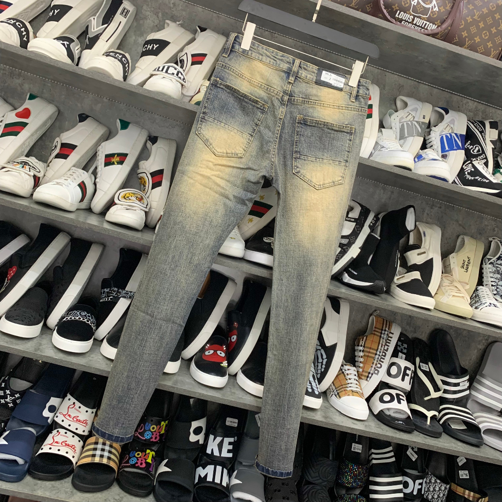 Quần đính đá bạc Quần jean bò nam Amiri slimfit xanh bụi rách xù to đùi gối vá vải đính đá bạc 4 cúc boy phố MS 16