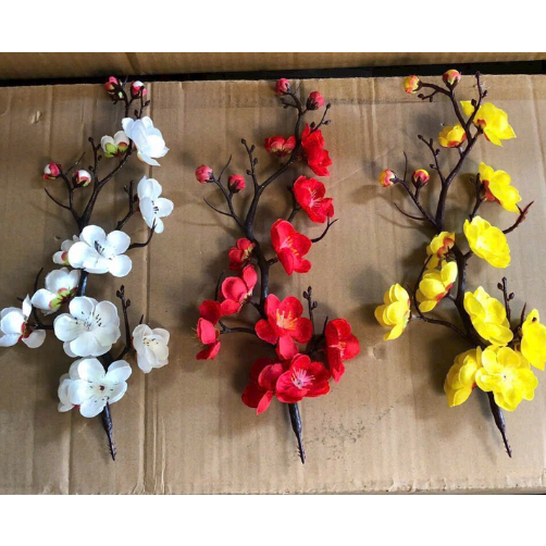 Nhánh đào cổ trang trí tết, trang trí giỏ quà tháp nước, đỏ, vàng, hồng, trắng