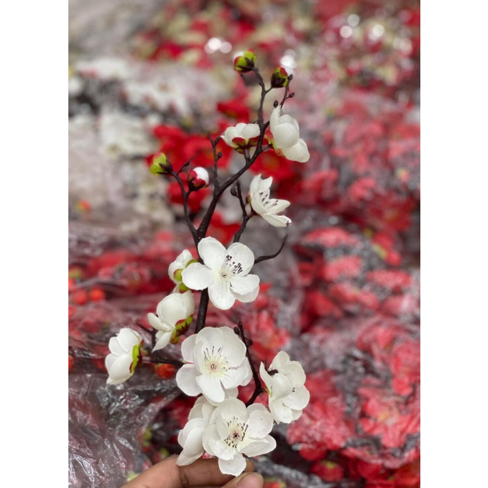 Nhánh đào cổ trang trí tết, trang trí giỏ quà tháp nước, đỏ, vàng, hồng, trắng