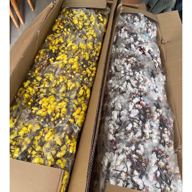 Nhánh đào cổ trang trí tết, trang trí giỏ quà tháp nước, đỏ, vàng, hồng, trắng