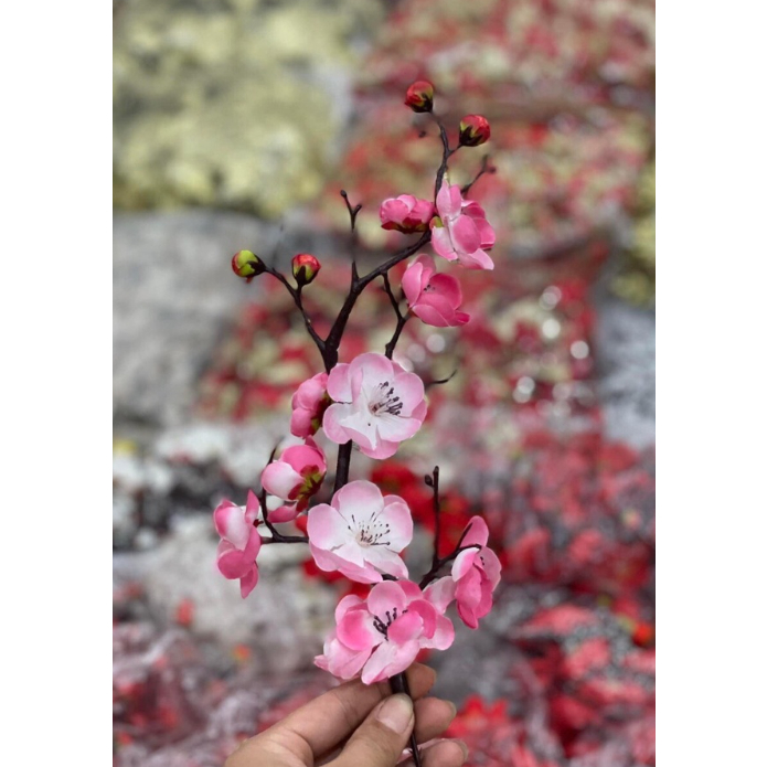 Nhánh đào cổ trang trí tết, trang trí giỏ quà tháp nước, đỏ, vàng, hồng, trắng