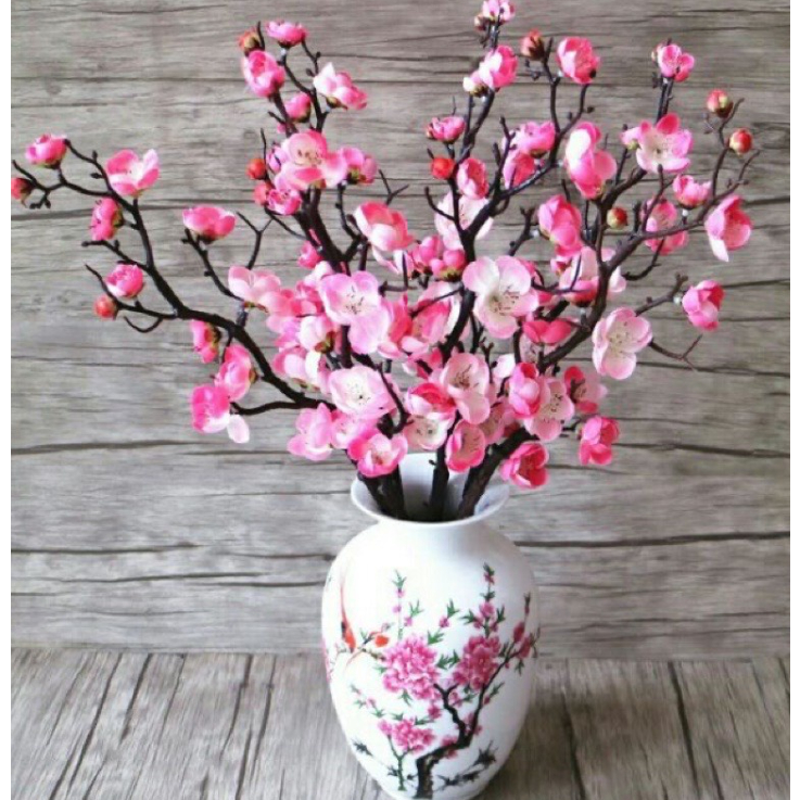 Nhánh đào cổ trang trí tết, trang trí giỏ quà tháp nước, đỏ, vàng, hồng, trắng