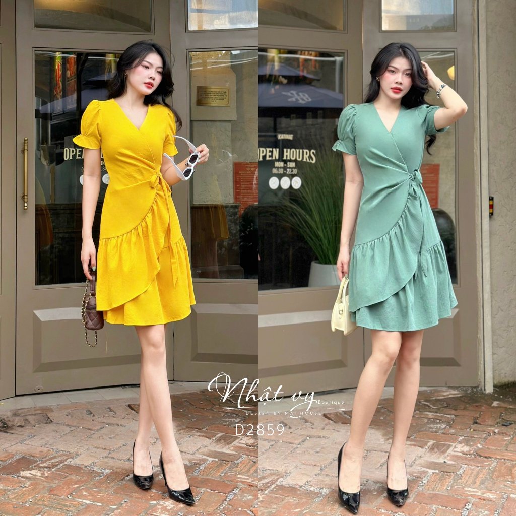 Đầm dự tiệc Nhật Vy cổ V đắp chéo nhún bèo cách điệu chất linen thun phù hợp đi chơi dạo phố công sở - D2859