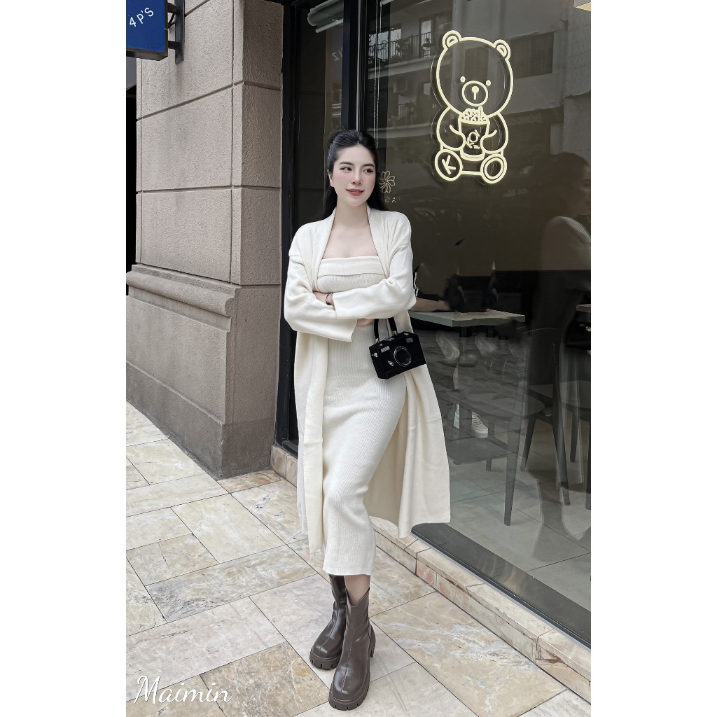 Set váy len maxi quây kèm áo cardigan dáng dài hàng QC freesize