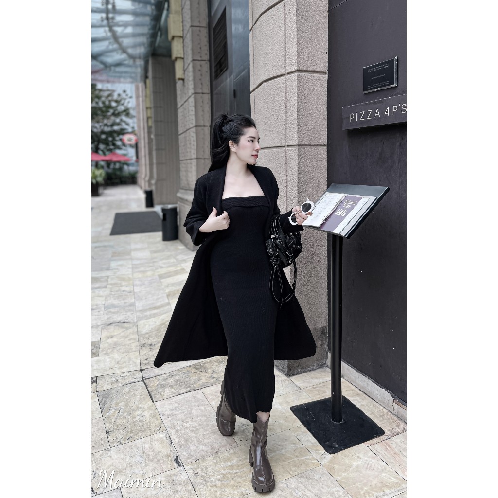 Set váy len maxi quây kèm áo cardigan dáng dài hàng QC freesize