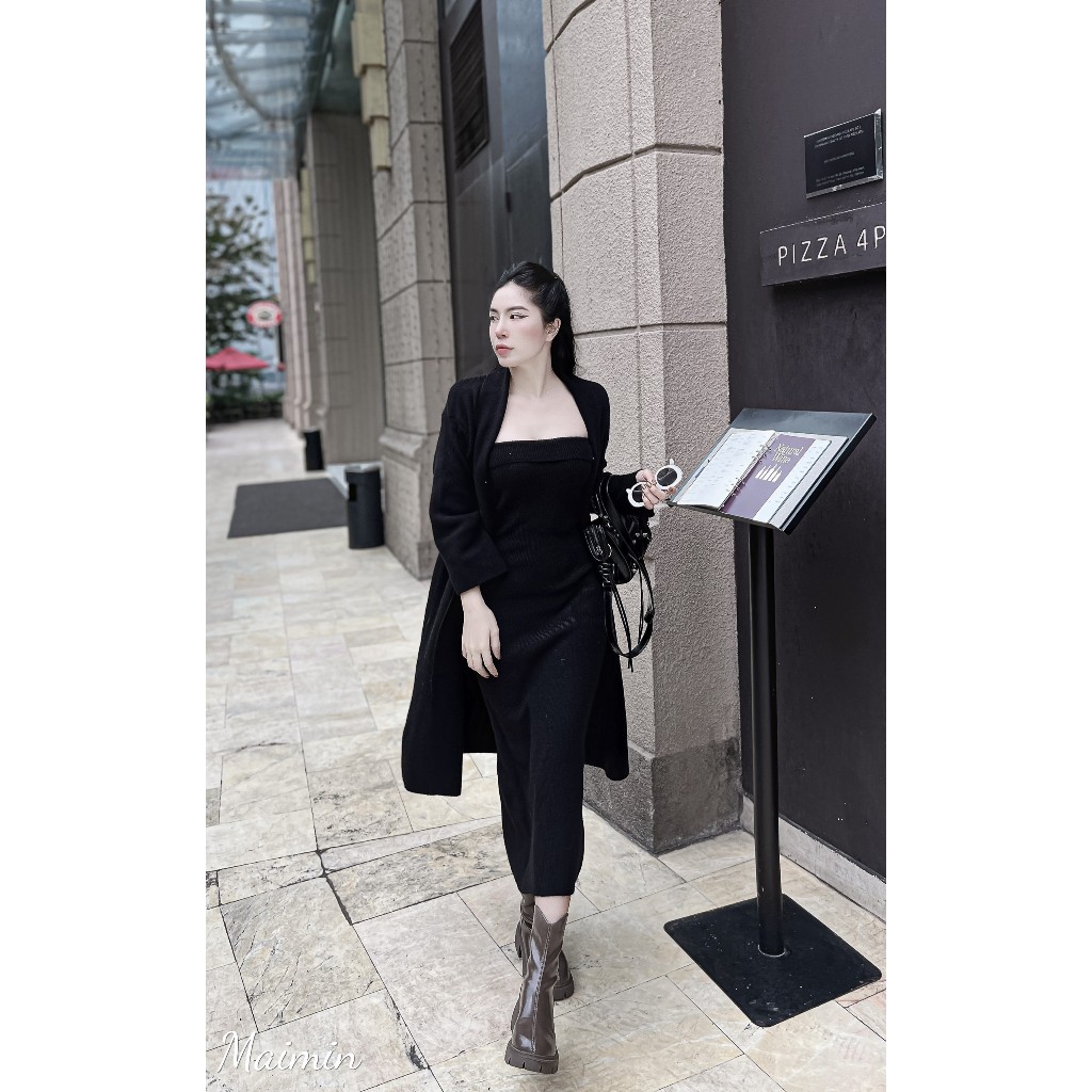 Set váy len maxi quây kèm áo cardigan dáng dài hàng QC freesize