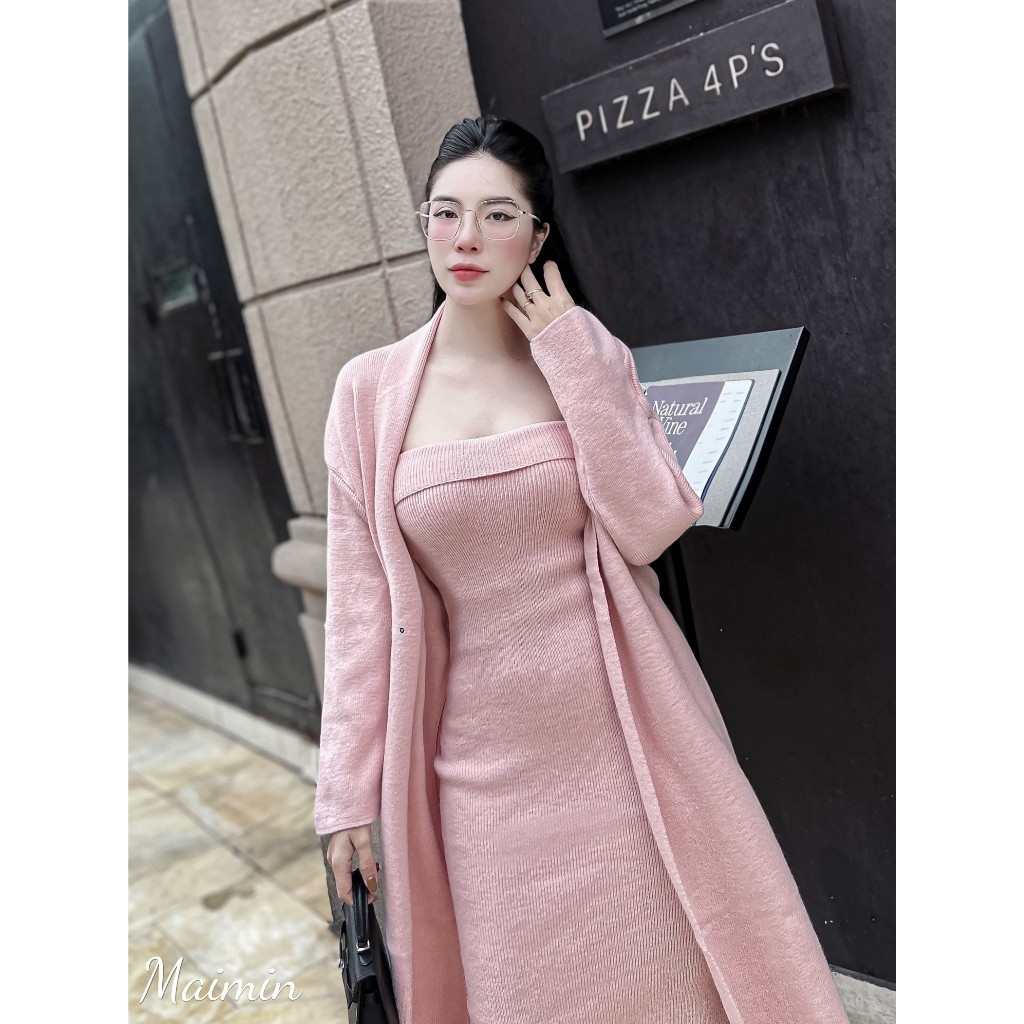 Set váy len maxi quây kèm áo cardigan dáng dài hàng QC freesize