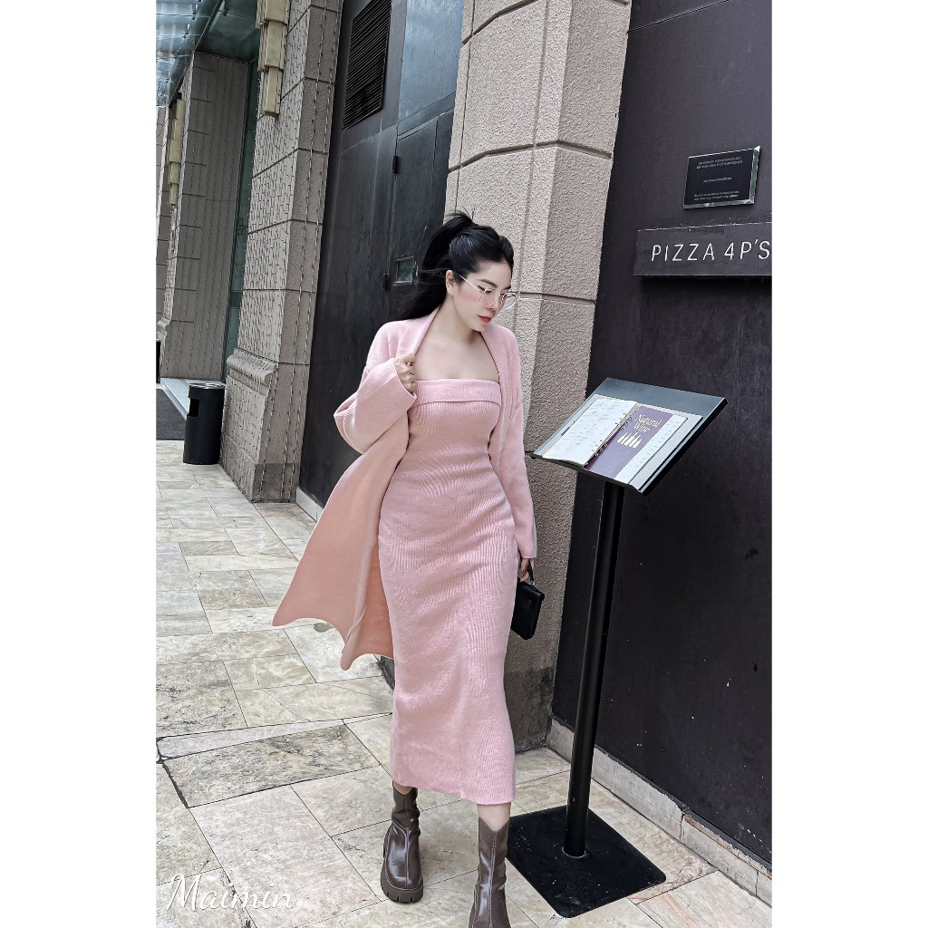Set váy len maxi quây kèm áo cardigan dáng dài hàng QC freesize