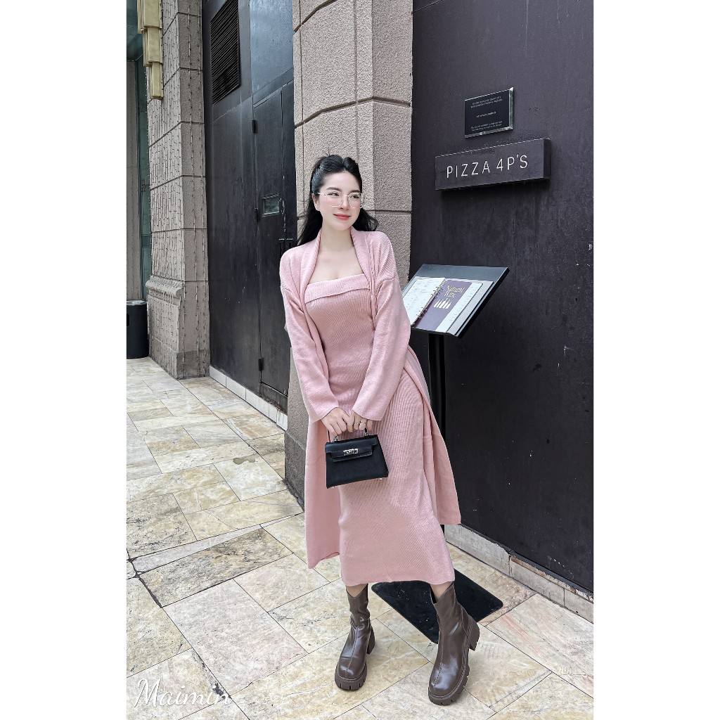 Set váy len maxi quây kèm áo cardigan dáng dài hàng QC freesize